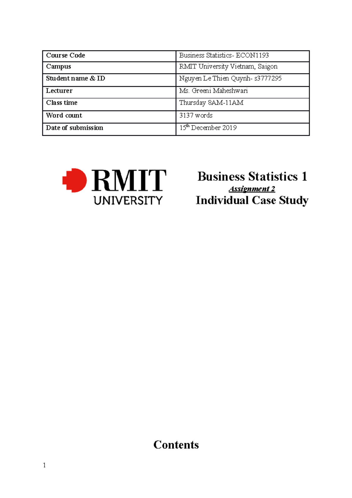Assignment 2 Business stats 1 - Course Code Business Statistics- ECON ...