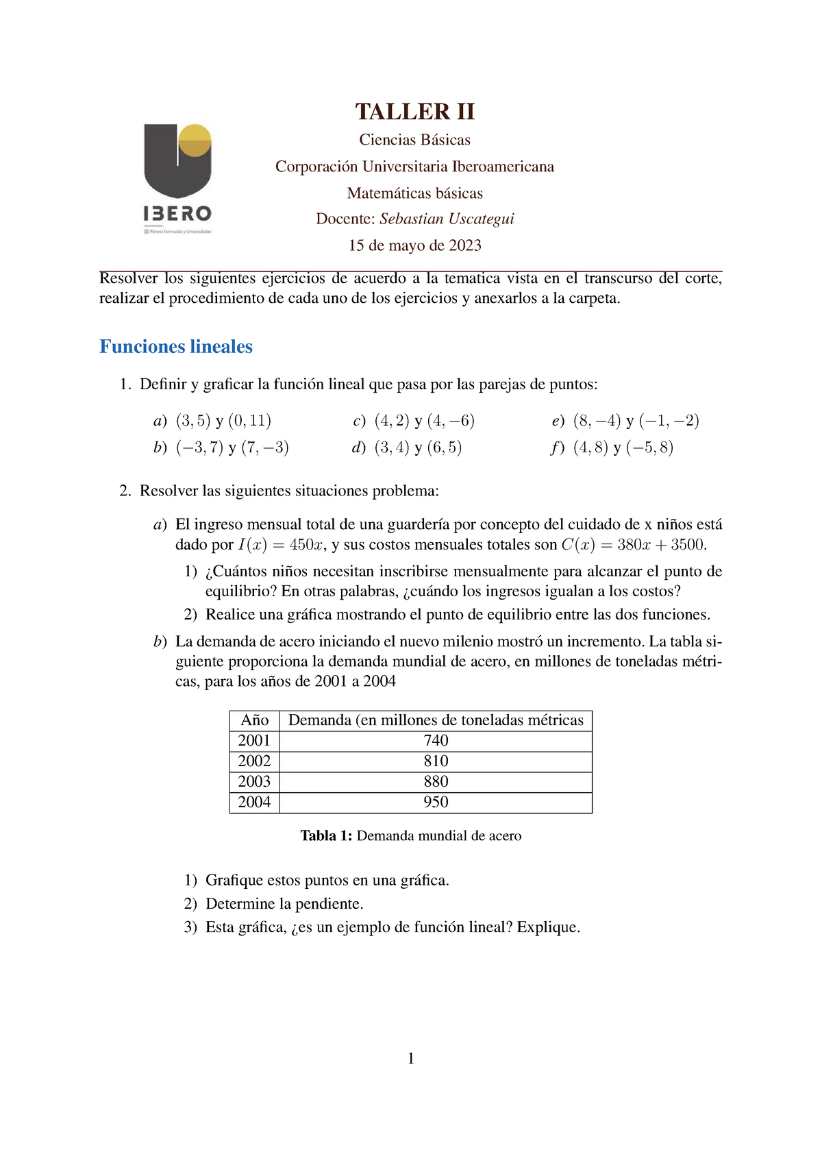 Taller Matematica Basica 3 Corte - TALLER II Ciencias B ́asicas ...