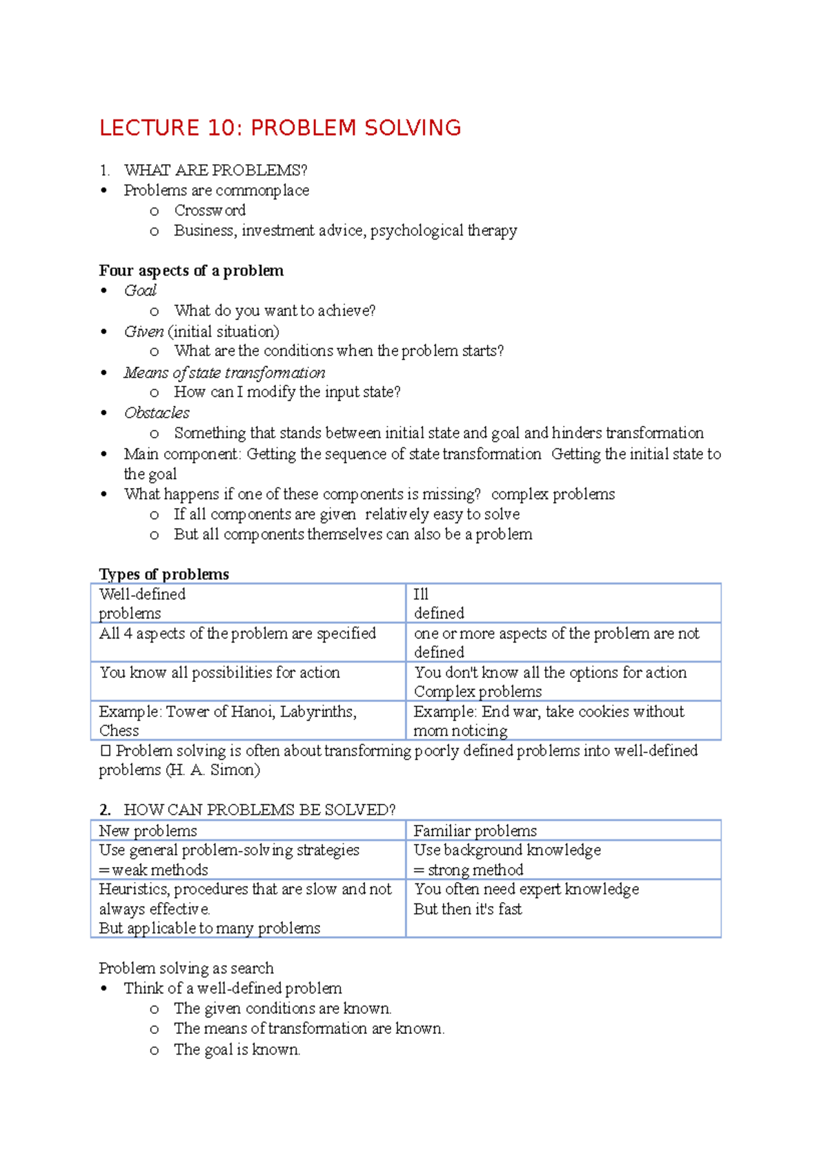 Problem Solving (part 1) - LECTURE 10: PROBLEM SOLVING 1. WHAT ARE ...