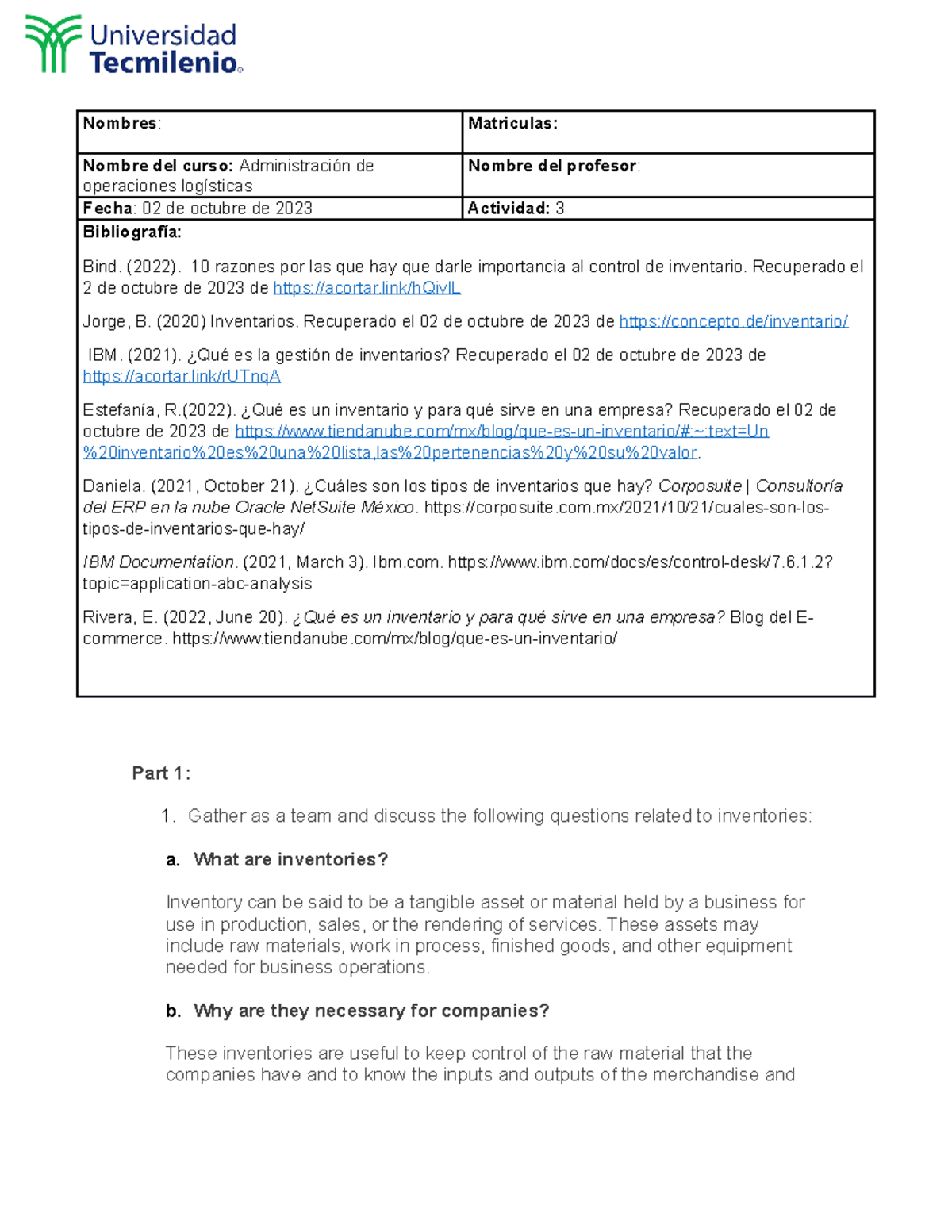 Act3 adm operaciones - Nombres: Matriculas: Nombre del curso ...