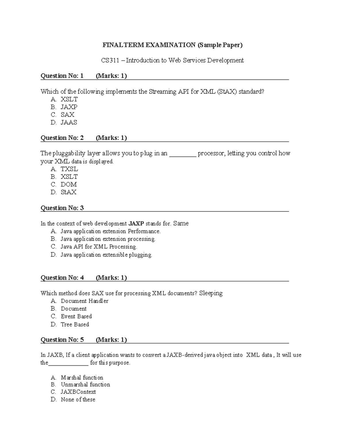 Sample-Paper-cs311 - Study - FINALTERM EXAMINATION (Sample Paper) CS311 ...