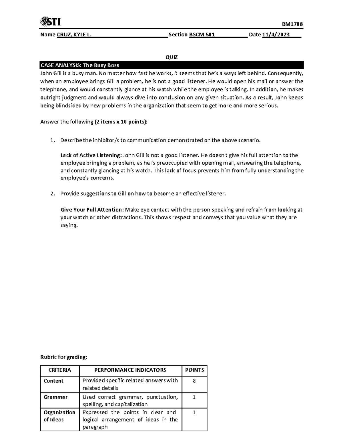 08 Quiz 1 Operation Management (TQM) - Name CRUZ, KYLE L. Section BSCM ...