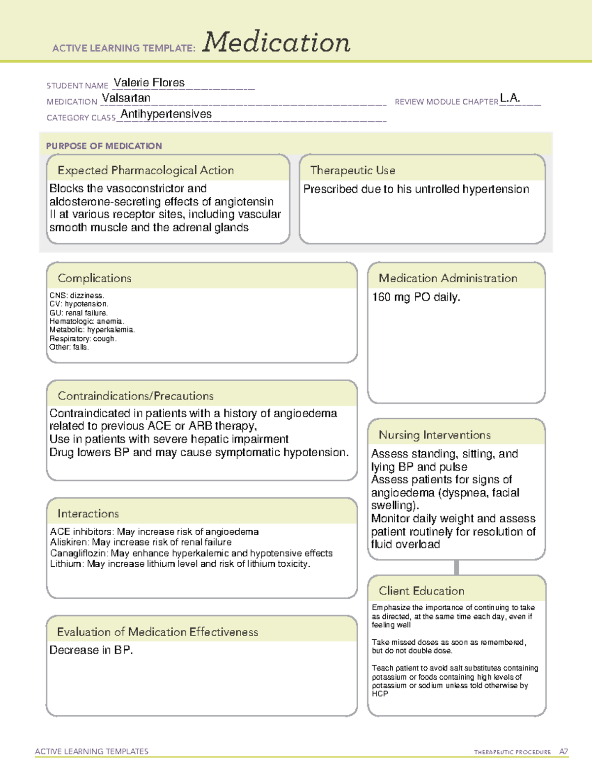 Ati Med Form Valsartan - ACTIVE LEARNING TEMPLATES THERAPEUTIC ...