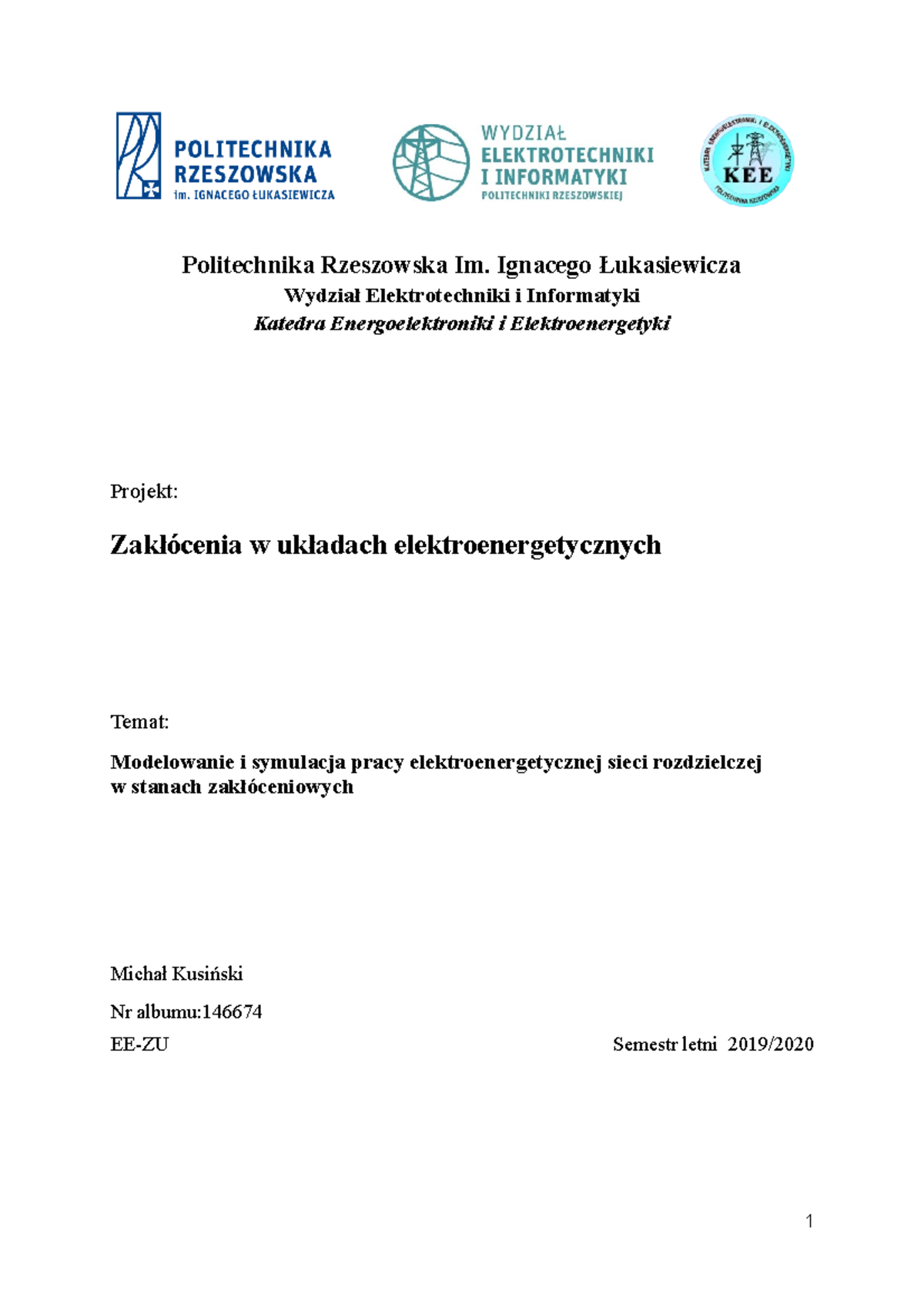 Zakłócenia W Układach Elektroenegetycznych - Projekt - Politechnika ...