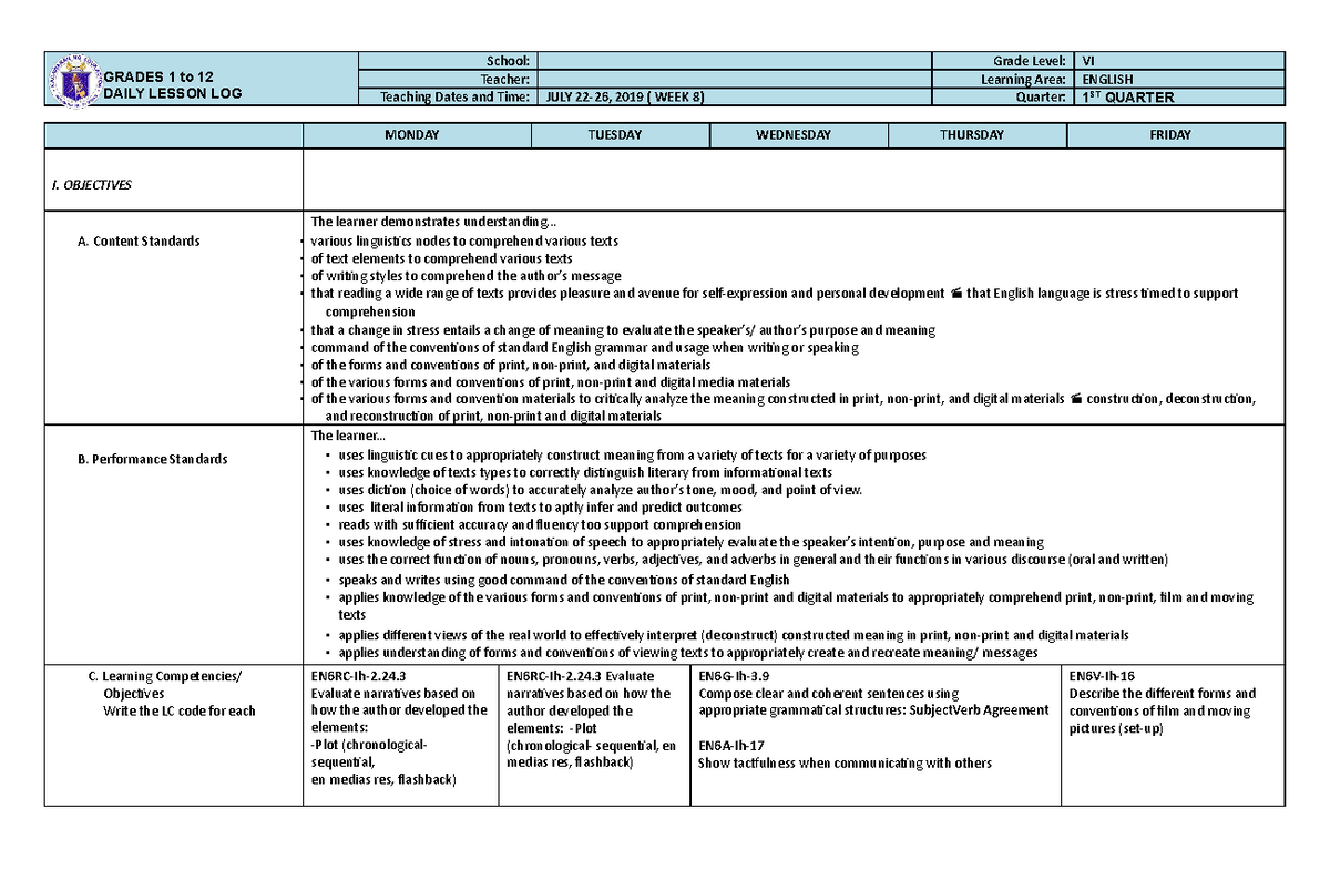 DLL English 6 Q1 W8 - for references - GRADES 1 to 12 DAILY LESSON LOG ...