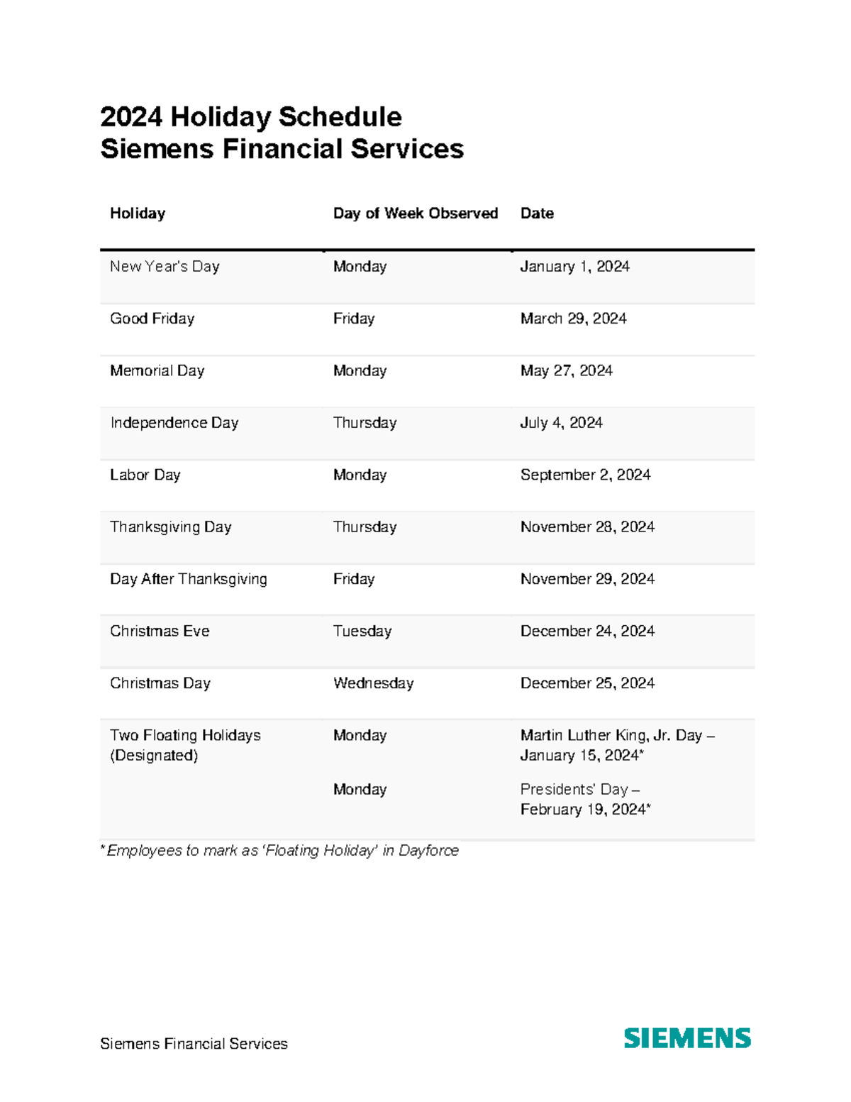 2024 SFS Holiday Schedule Siemens Financial Services 2024 Holiday