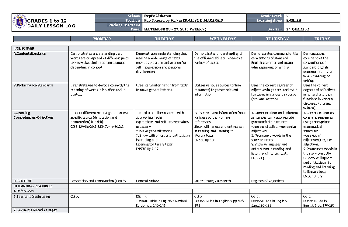 DLL English 5 Q2 W7 - none - GRADES 1 to 12 DAILY LESSON LOG School ...
