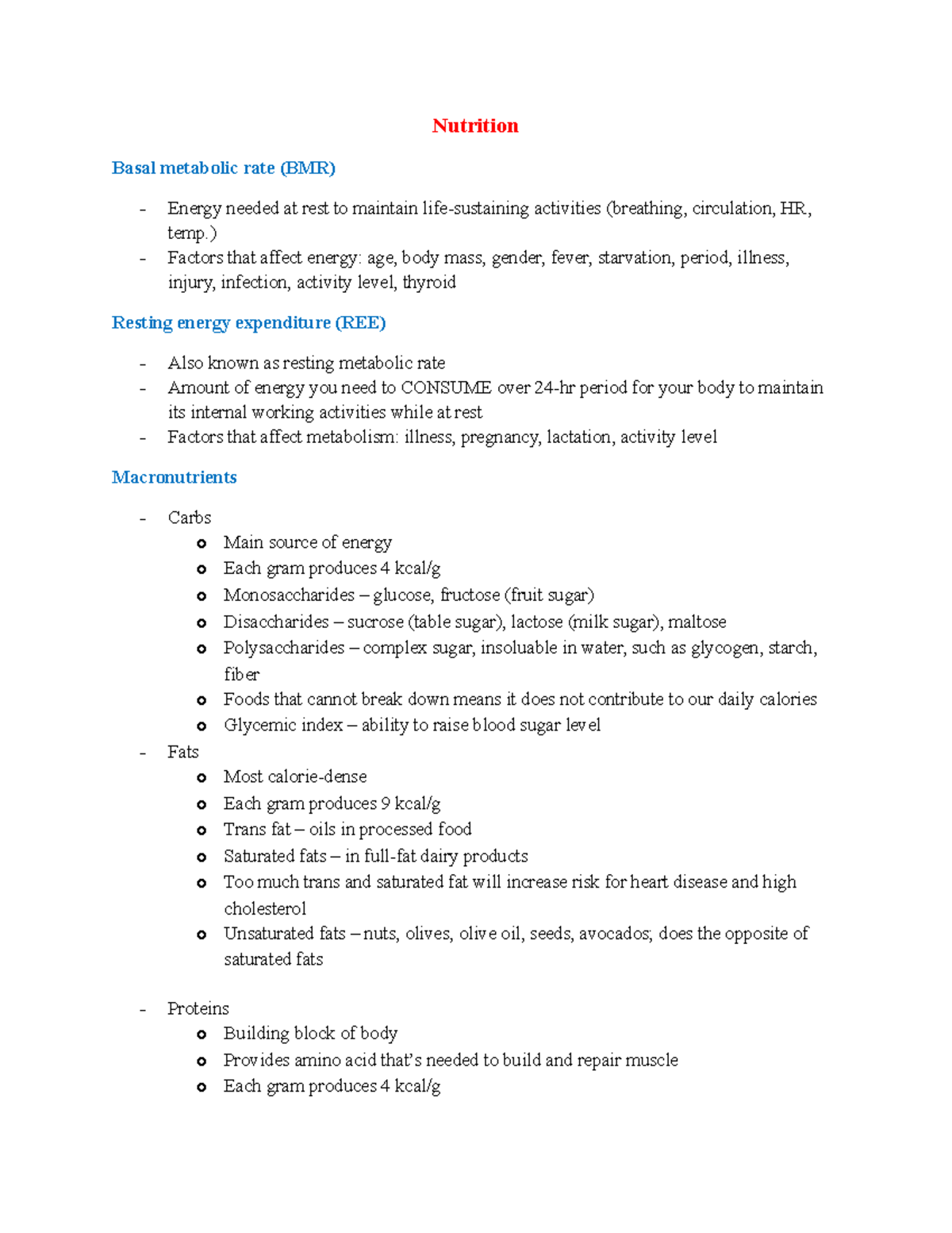 Nutrition - notes - Nutrition Basal metabolic rate (BMR) Energy needed ...