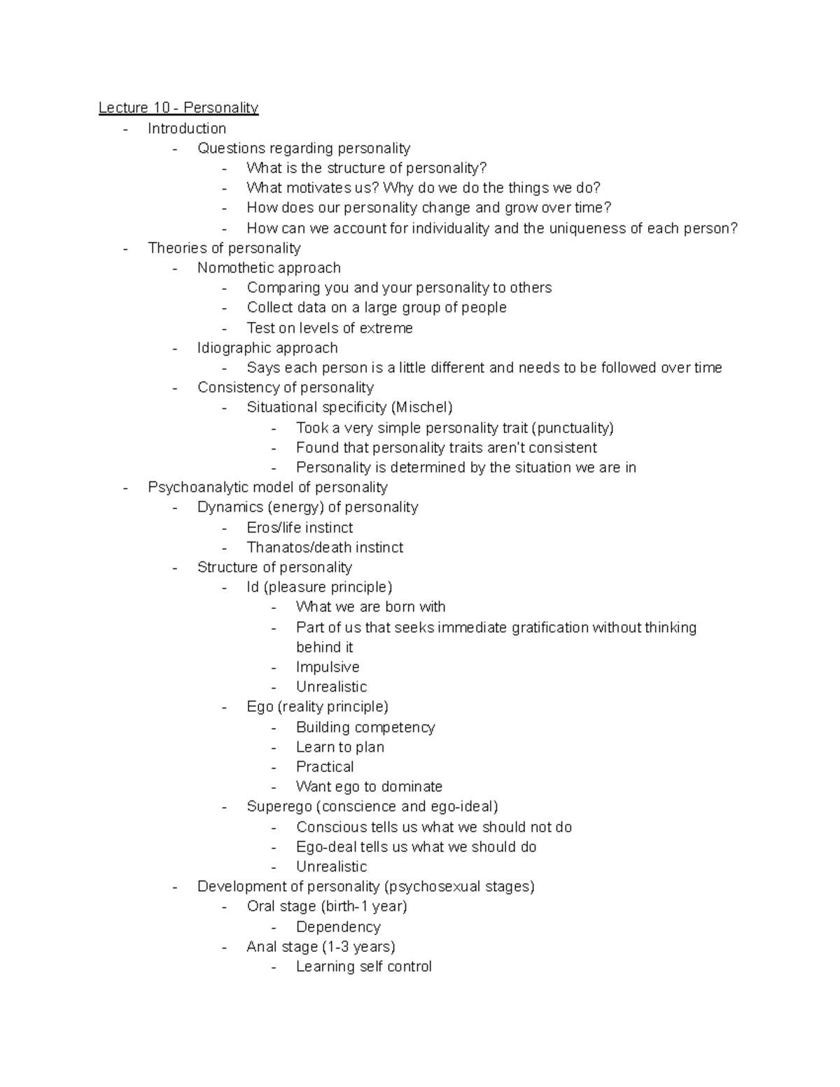 General Psychology - Lecture 10 Personality - Lecture 10 - Personality ...