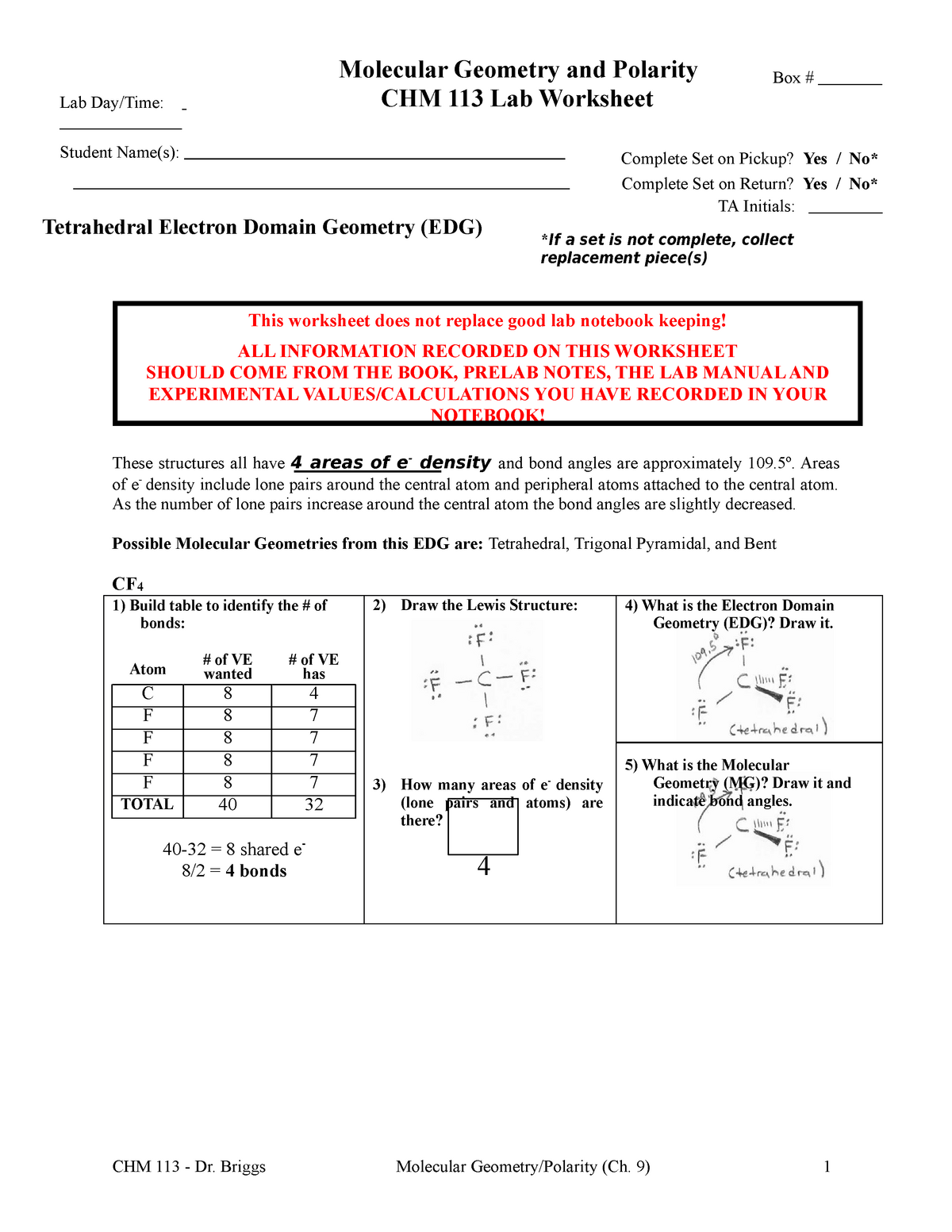 Molecular Geometry and Polarity WS-20 - CHM 20203 - Dr. Briggs Intended For Worksheet Polarity Of Bonds Answers