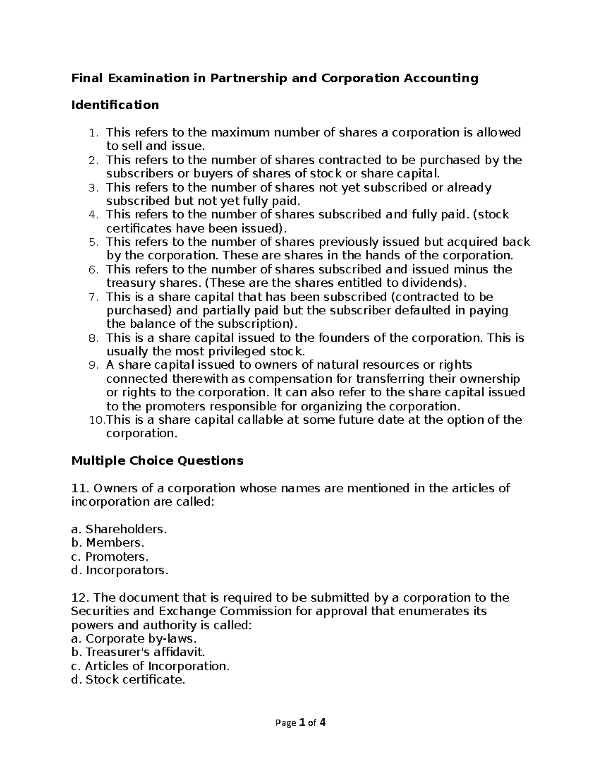 Final Examination in Acctg 2 2 - Final Examination in Partnership and ...