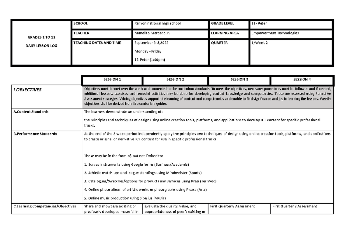 MMJ Empotech EMPOWERNMENT TECHNOLOGY GRADES 1 TO 12 DAILY LESSON