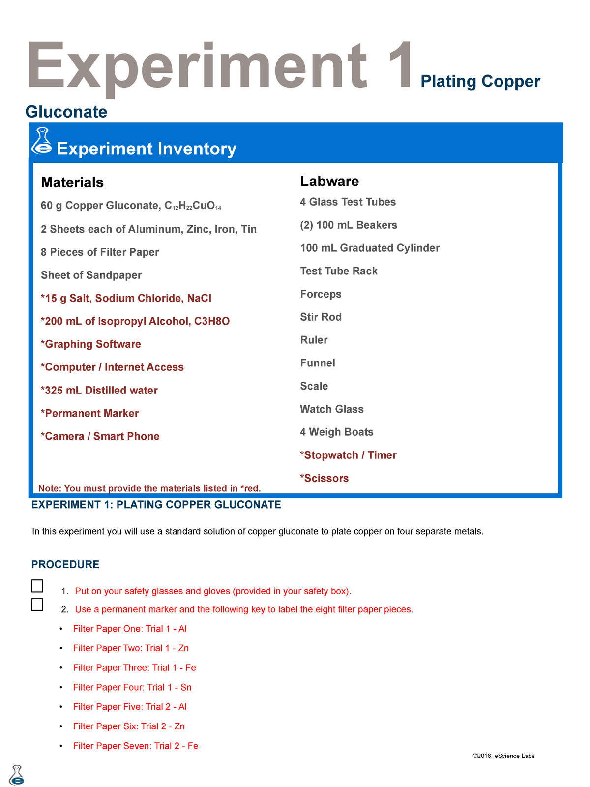 GC 4253 L23 Exp01 Copper Plating Experiment 1Plating Copper Gluconate Experiment Inventory