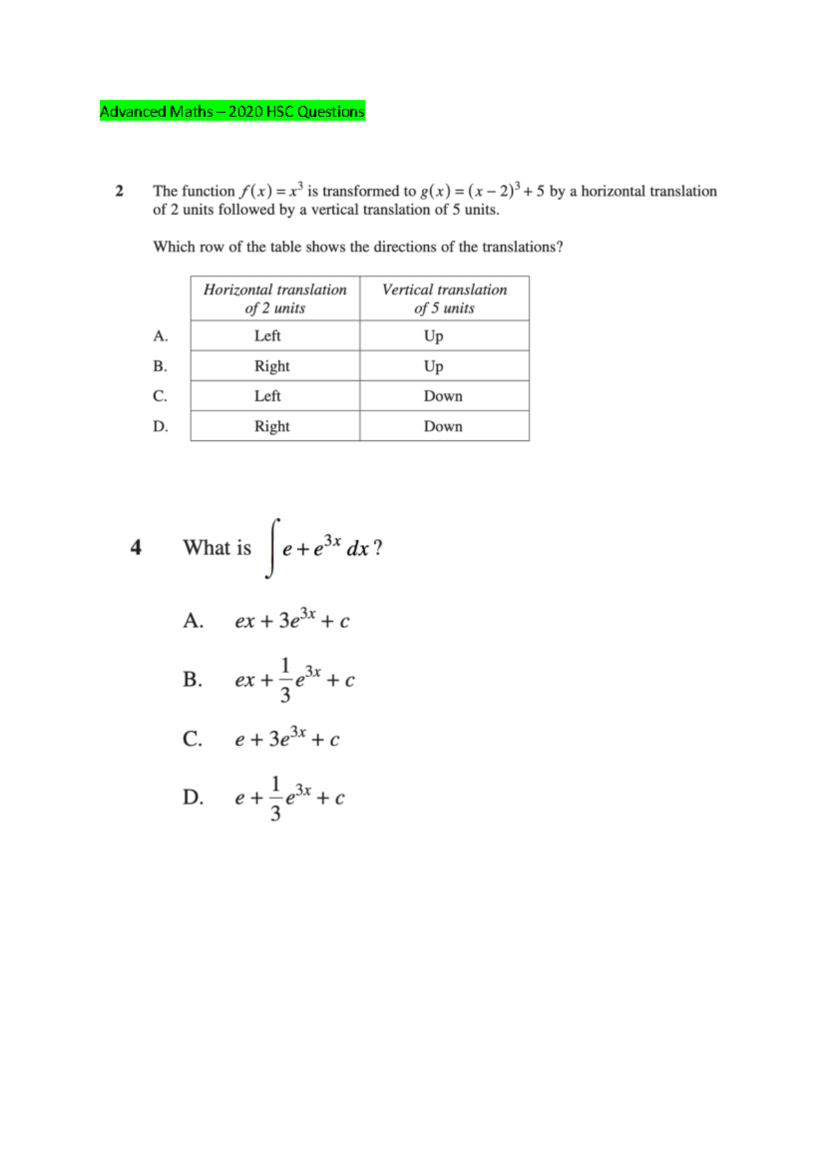 Advanced Maths - 2020 HSC Questions.docx - Google Docs - Advanced Maths ...