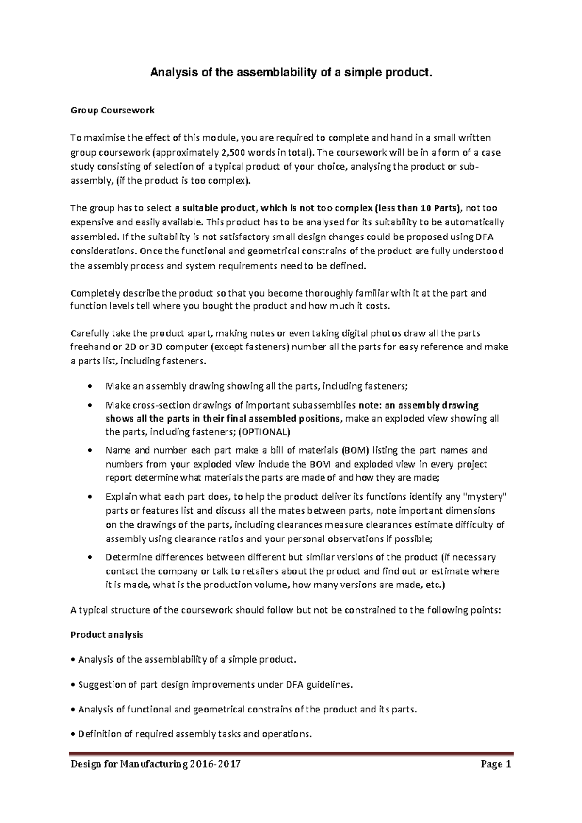DFMA Coursework 2016 2017 - Analysis of the assemblability of a simple ...