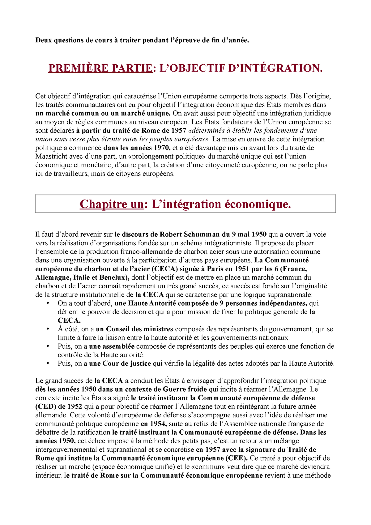 Droit Matériel De L'Union Européenne - Deux Questions De Cours à ...