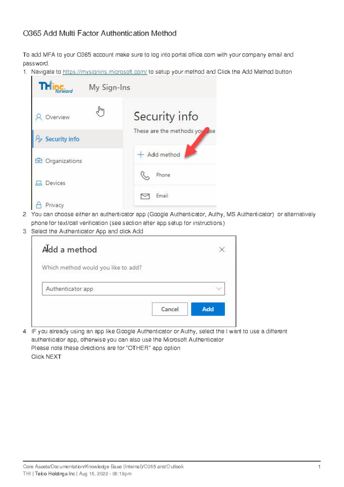O365 Add Multi Factor Authentication Method Navigate to mysignins/ to