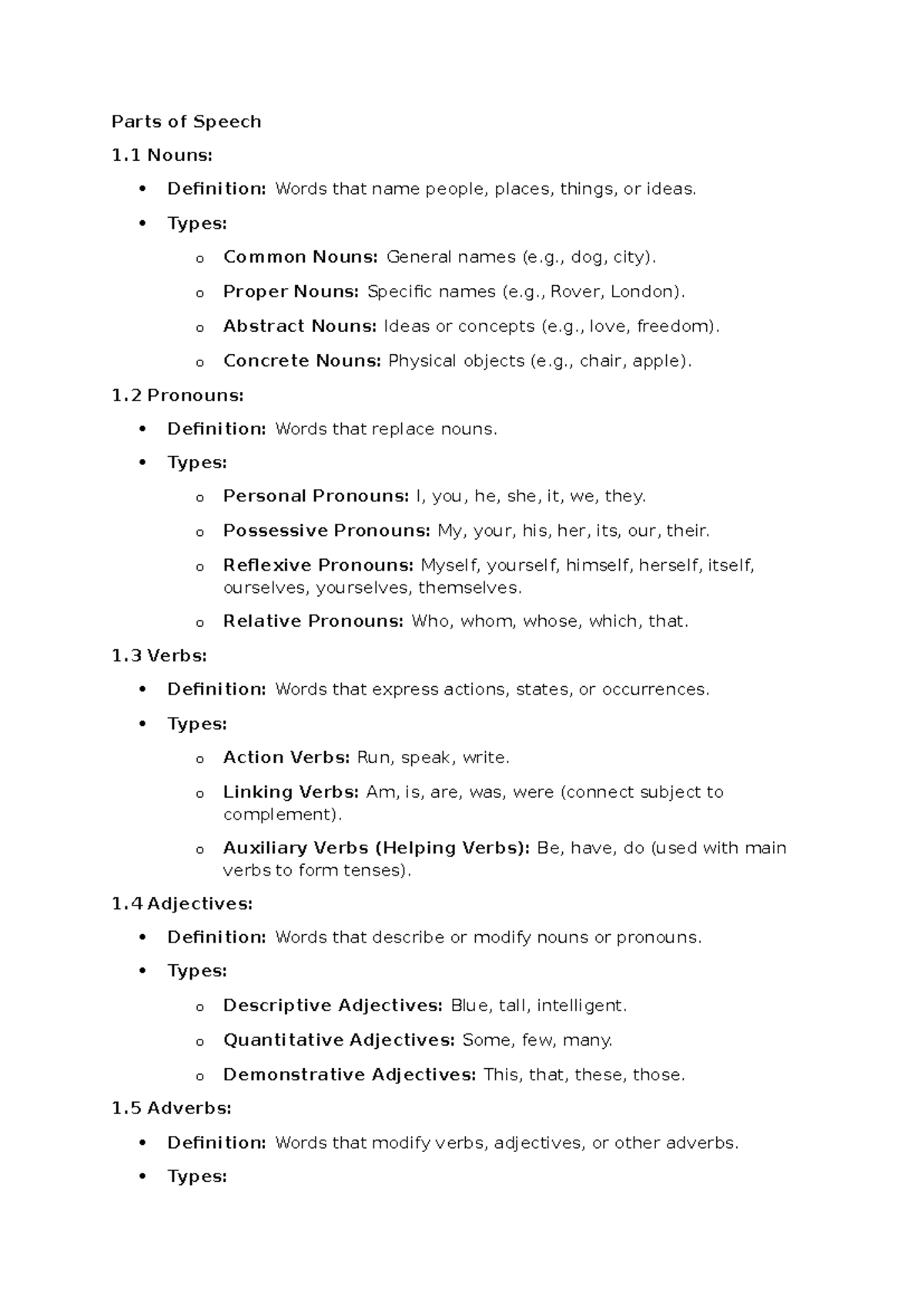 Parts of Speech - Types: o Common Nouns: General names (e., dog, city ...