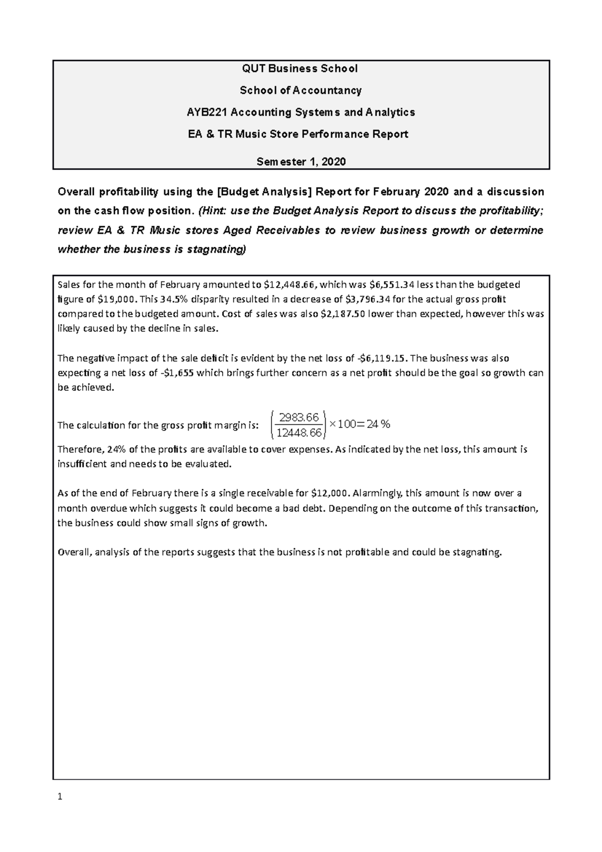 Business Performance Report Proforma S1 2020 - QUT Business School ...