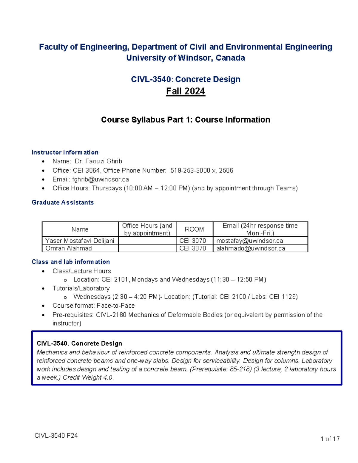 Syllabus CIVL 3540 Fall 24 Concrete Design - Faculty of Engineering ...