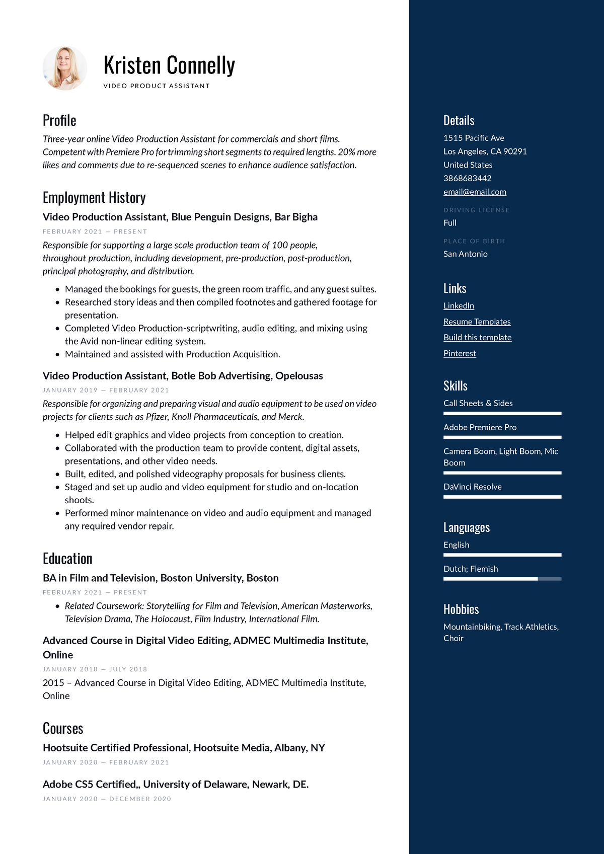 Sydney Resume Template Modern - Kristen Connelly V I D E O P R O D U C ...