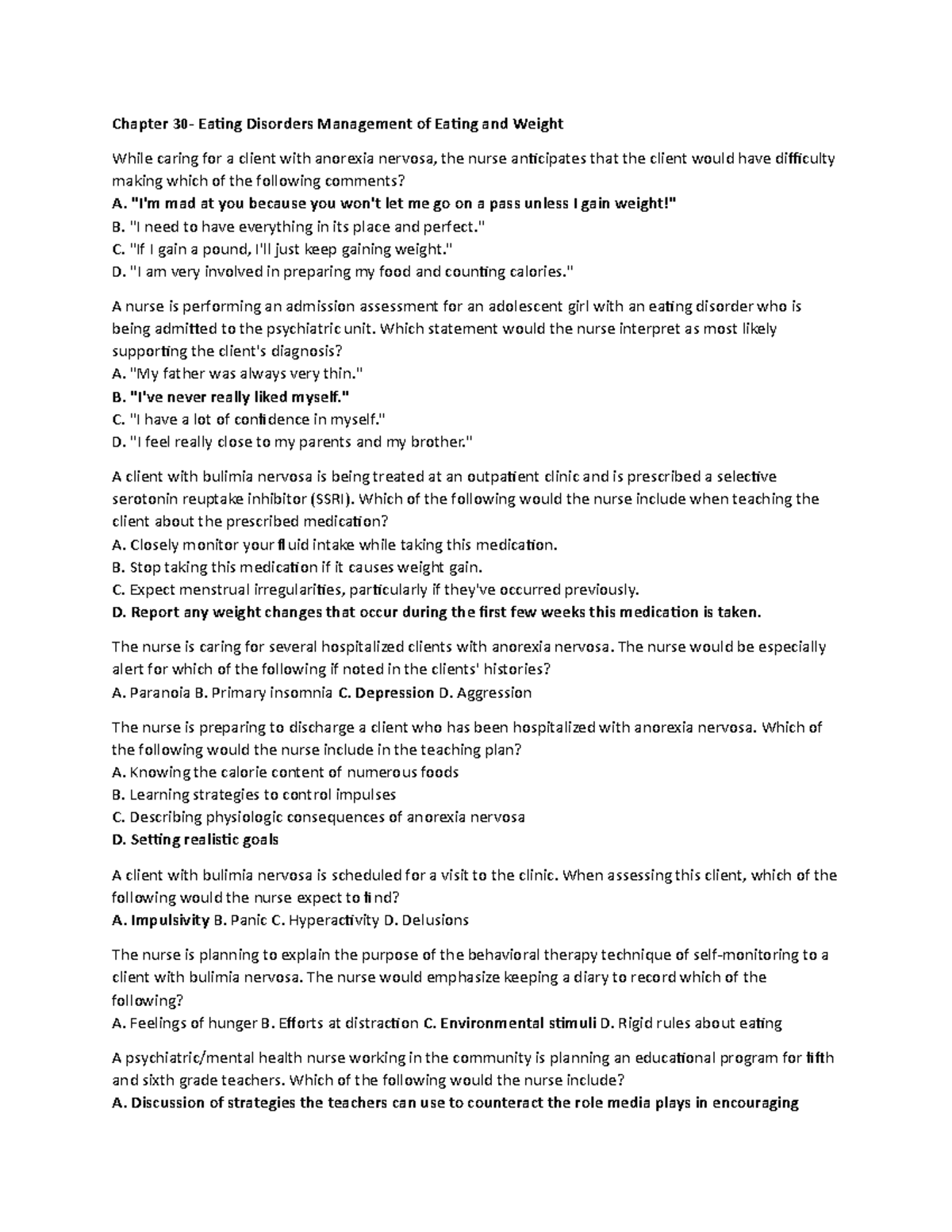 Chapter 30 MENTAL HEALTH NURSING Chapter 30 Eating Disorders