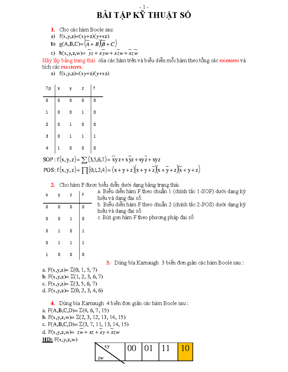 Bài Tập Bổ Sung Kts BÀi TẬp KỸ ThuẬt SỐ Cho Các Hàm Boole Sau A F X Y Z Xy Z Y Xz B