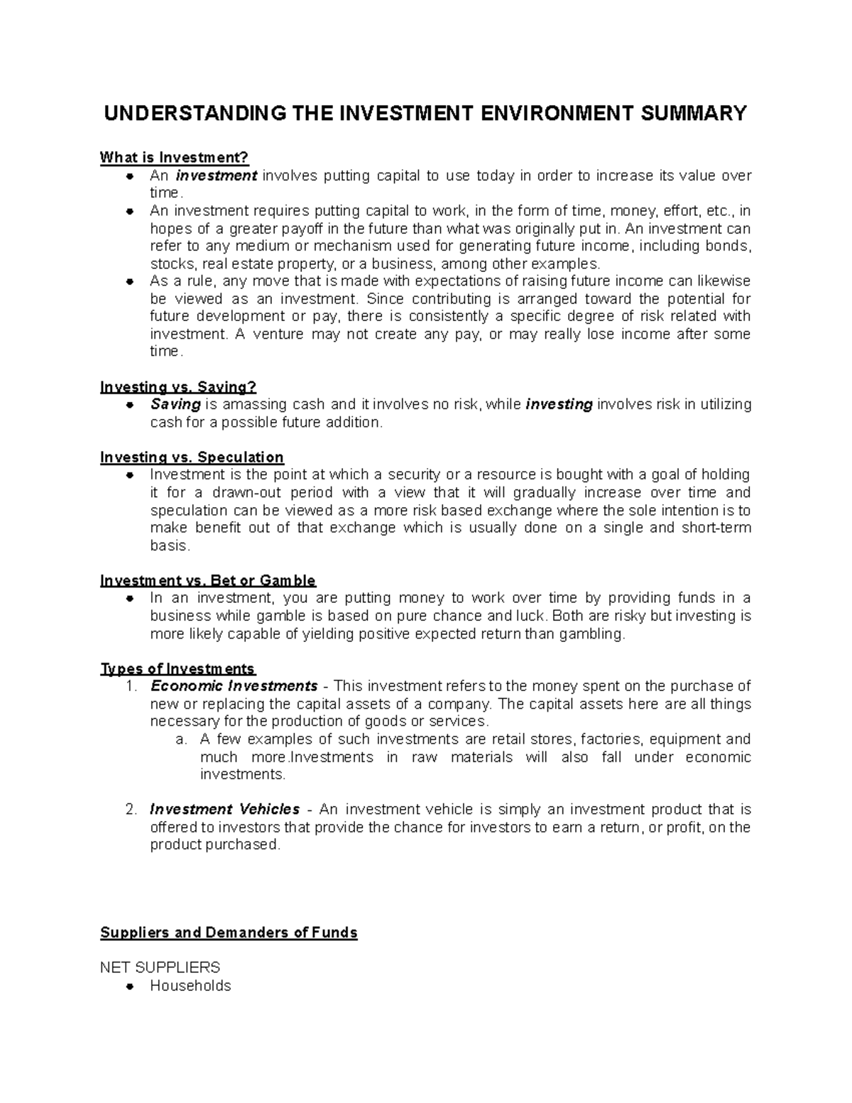 Understanding The Investment Environment - Management - University Of 