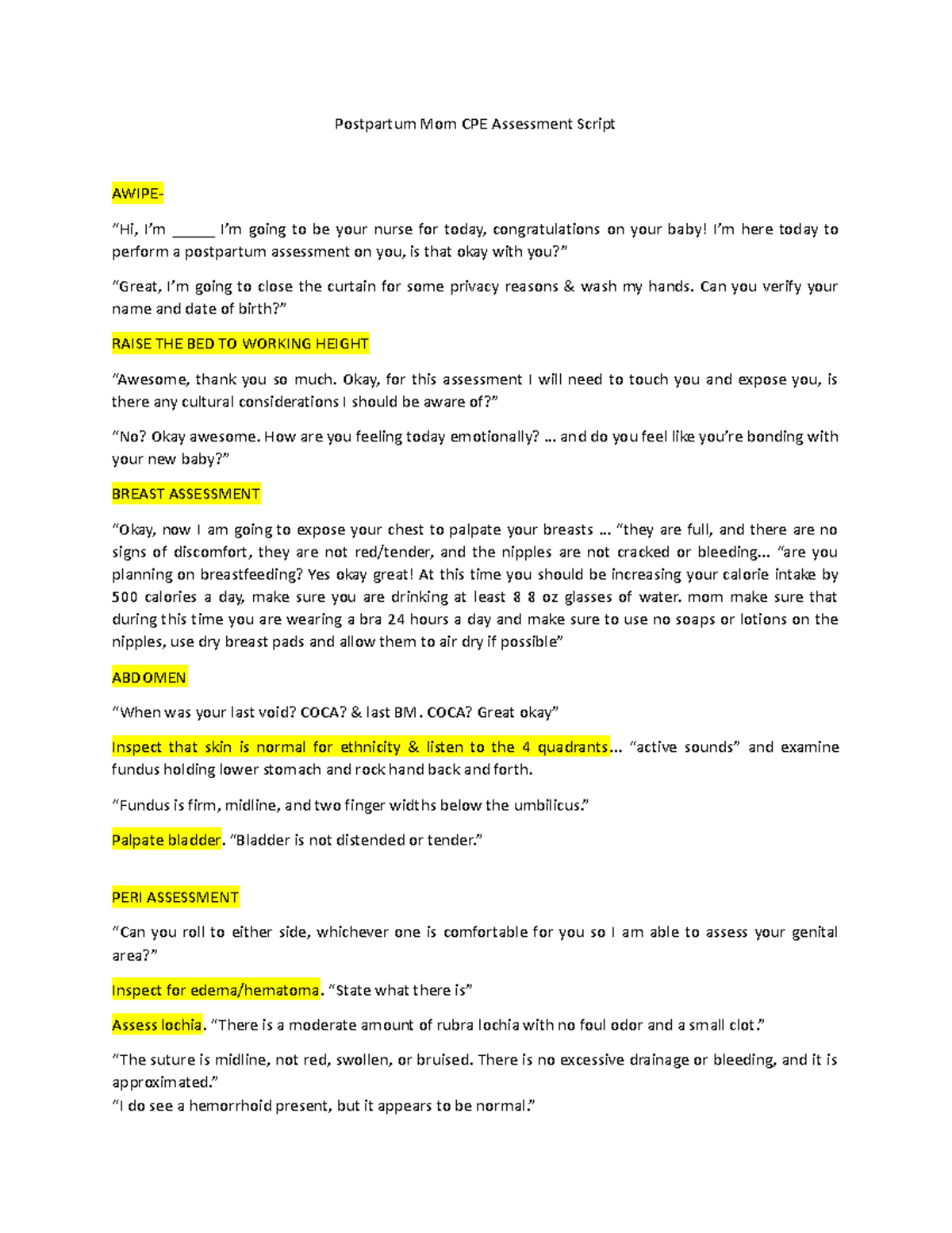 Postpartum Mom CPE Assessment Script - Postpartum Mom CPE Assessment ...