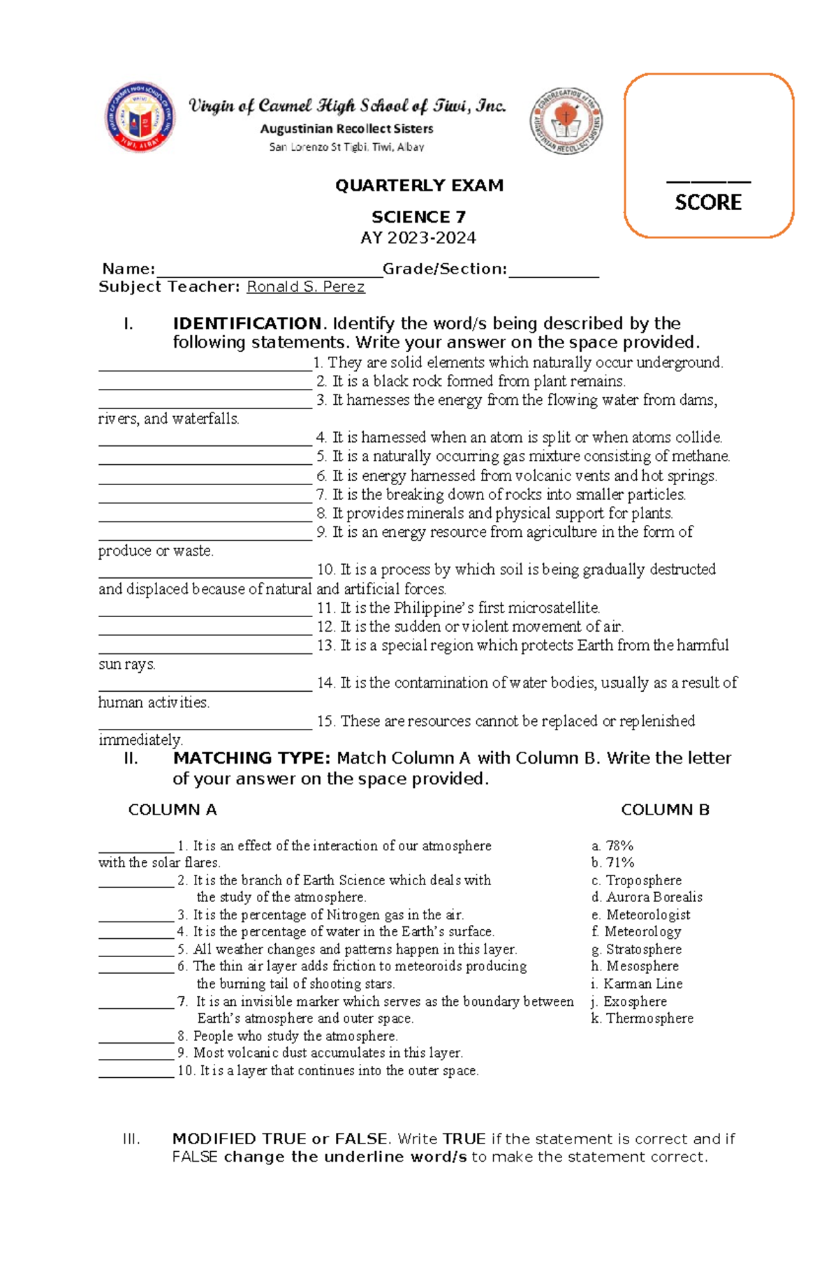 4th quarter exam Science 7 - FOURTH QUARTERLY EXAM SCIENCE 7 AY 2023 ...