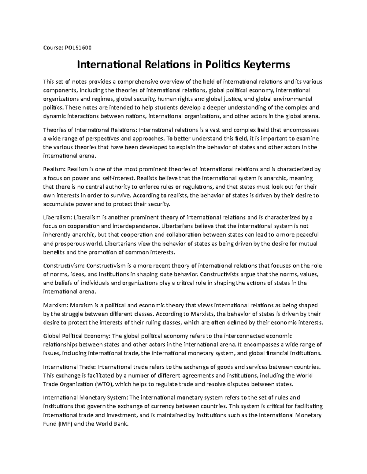 International Relations in Politics Keyterms - Course: POLS ...