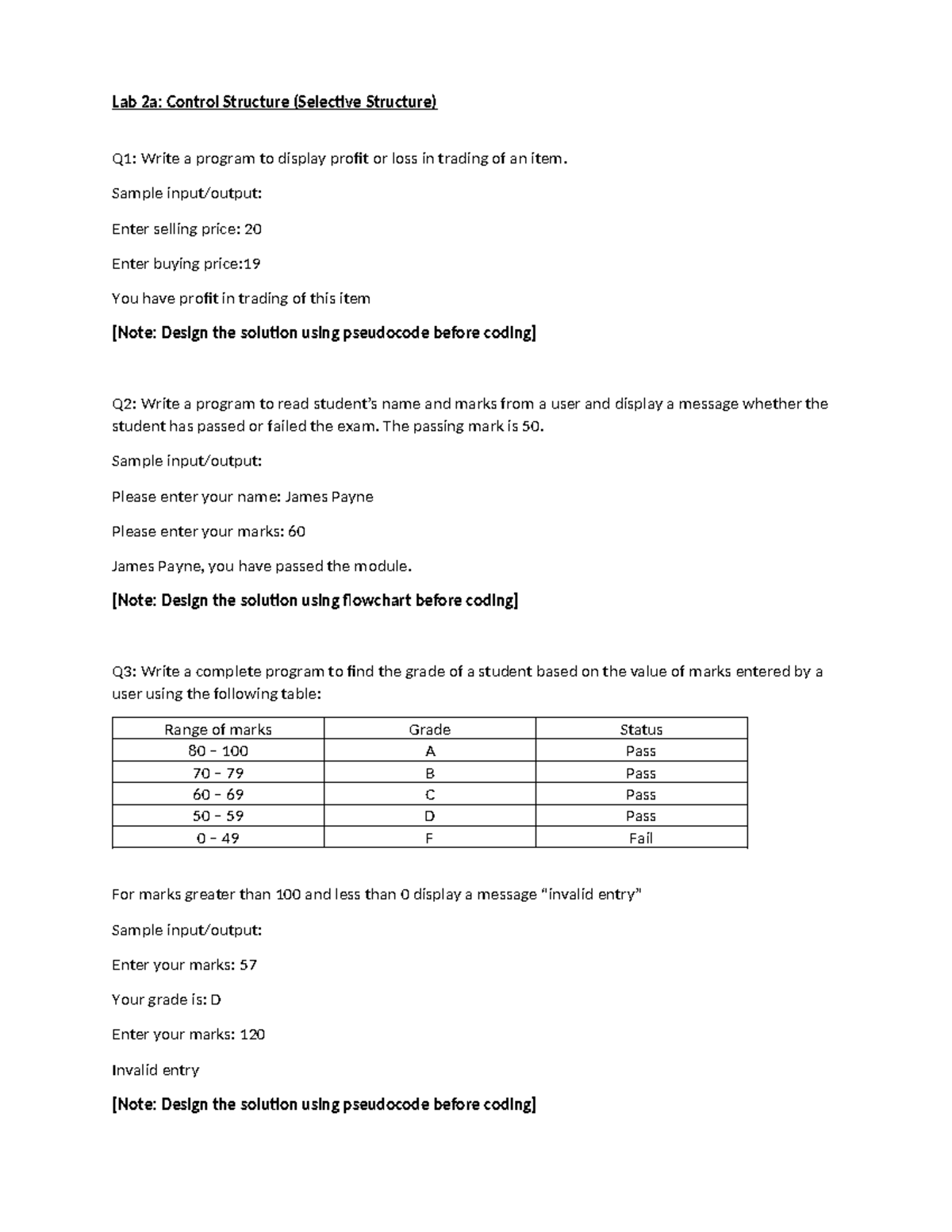 Lab 2a - Lab 2b Control Structure (Selective Structure) - Lab 2a ...