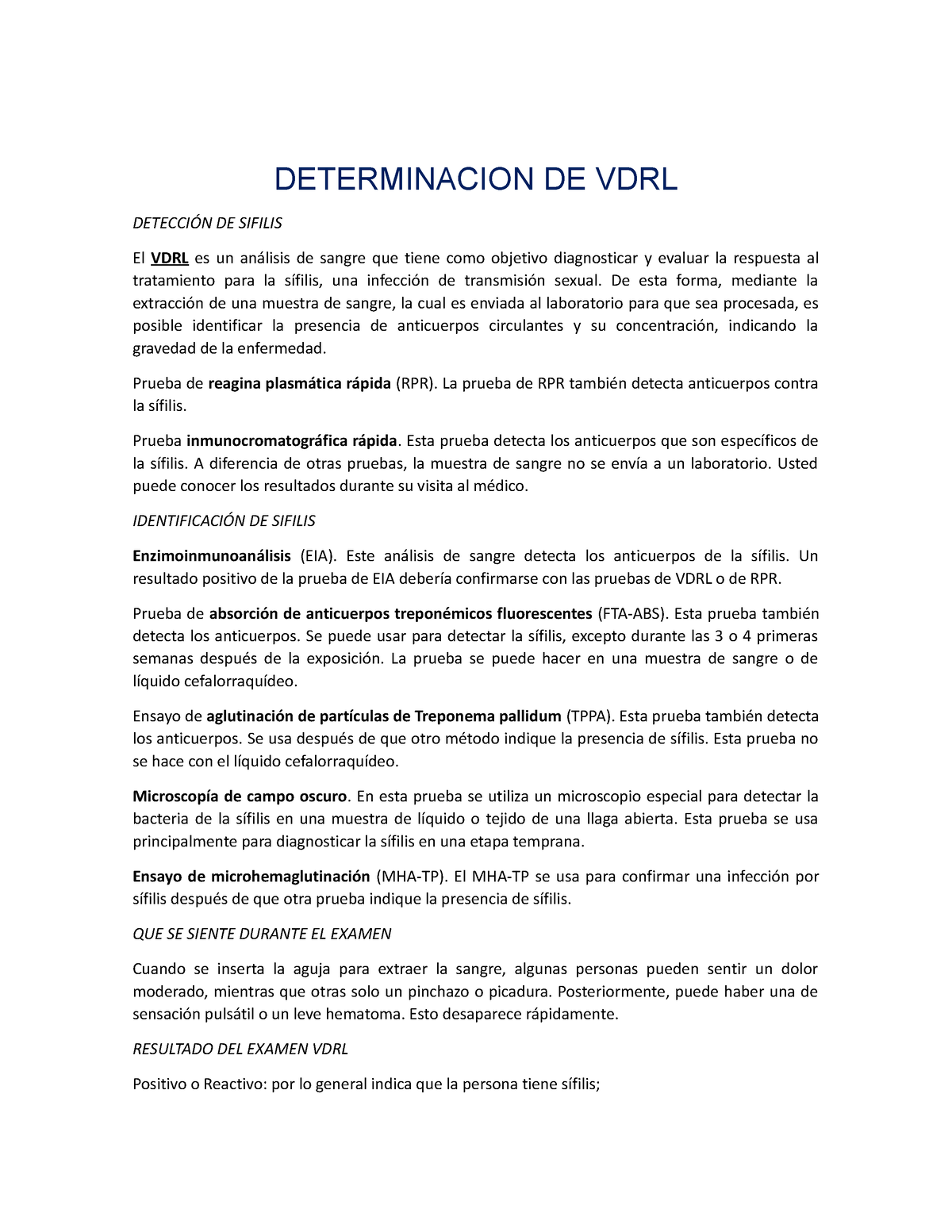 Determinacion de VDRL - DETERMINACION DE VDRL DETECCIÓN DE SIFILIS El ...