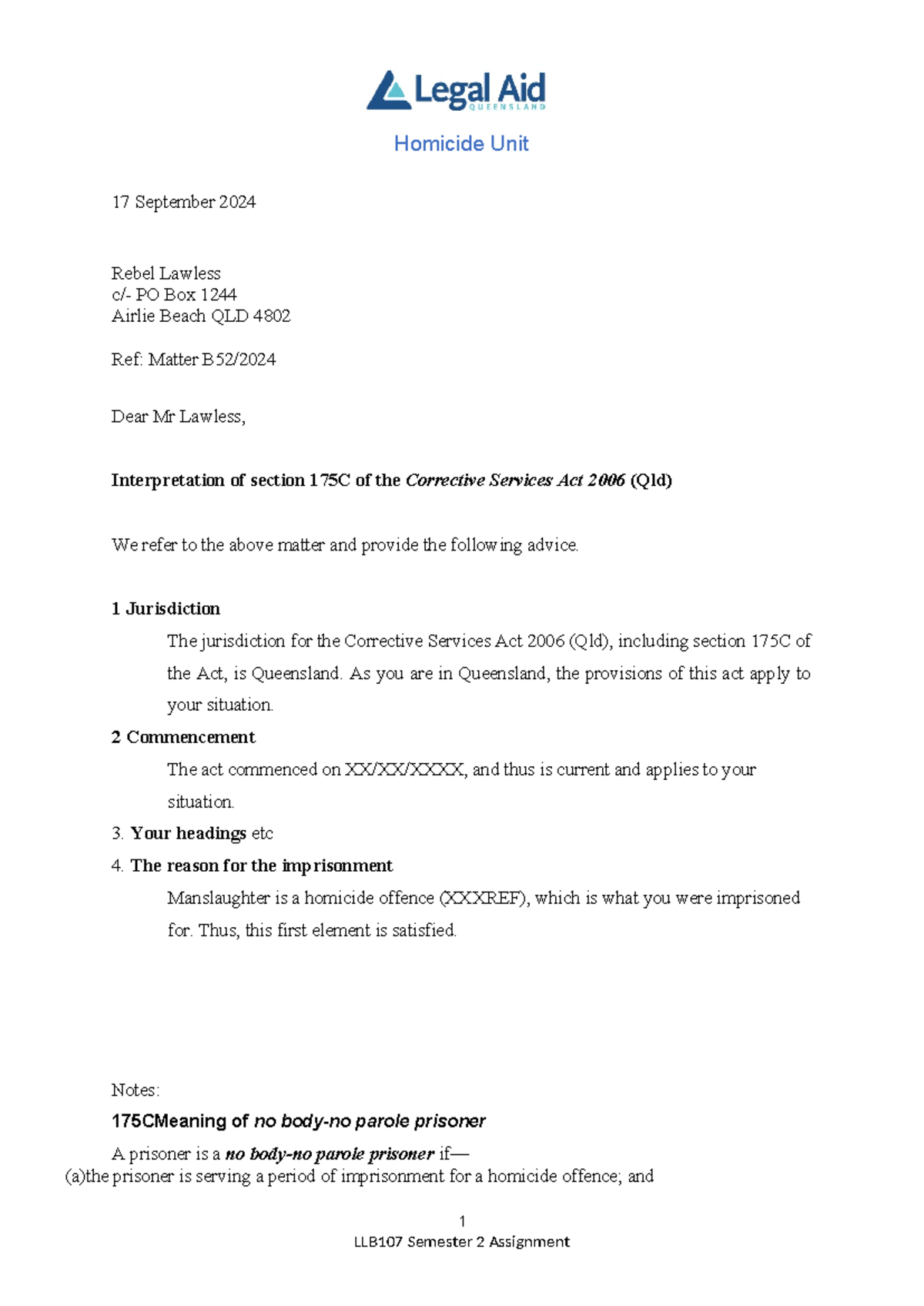 LLB107 Assignment 2024 Letter of Advice Template - Homicide Unit 17 ...