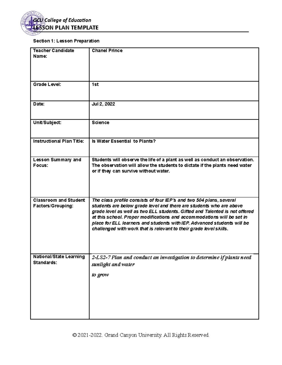 Science Lesson Plan week 6 - LESSON PLAN TEMPLATE Section 1: Lesson ...