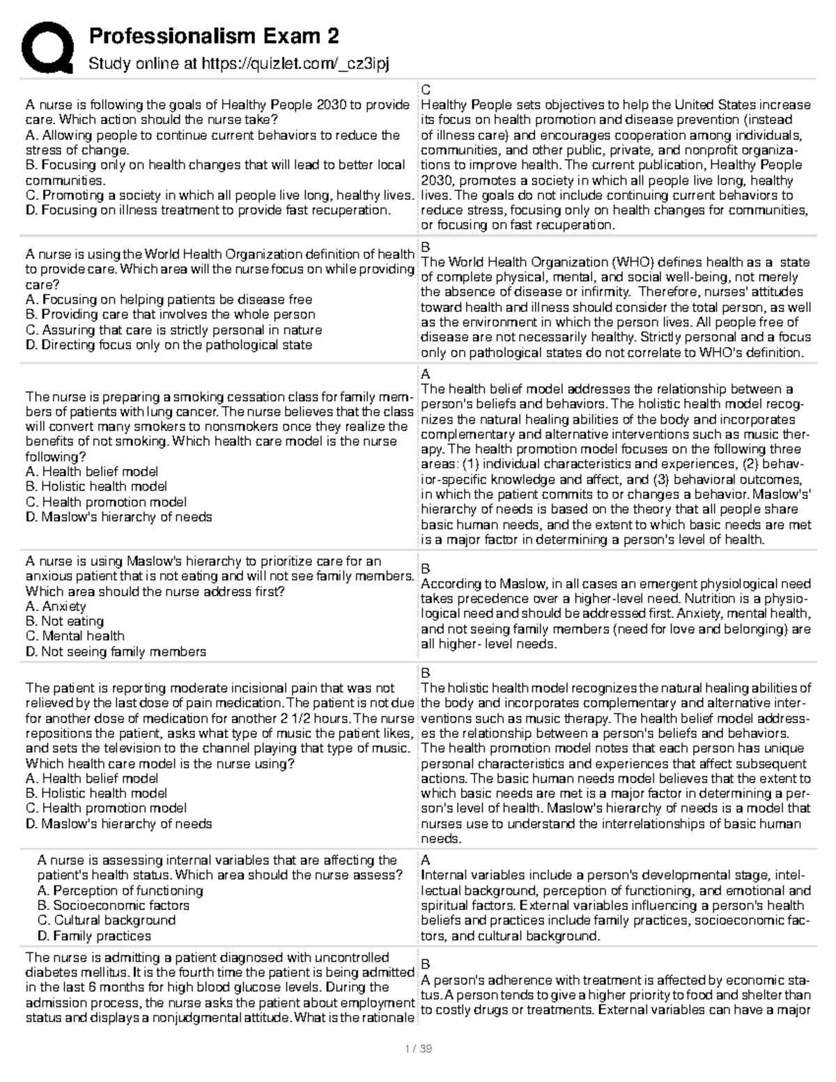 Professionalism Exam 2 Study online at quizlet/_cz3ipj A nurse is