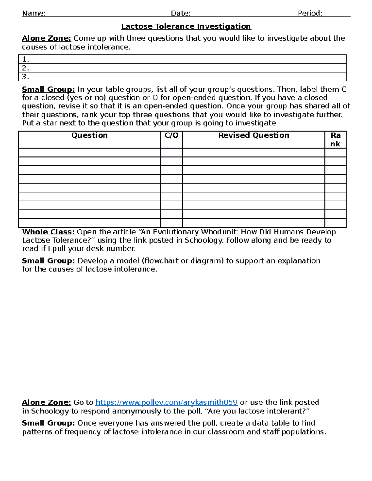 Lactose Intolerance Lab Investigation Name Date Period Lactose