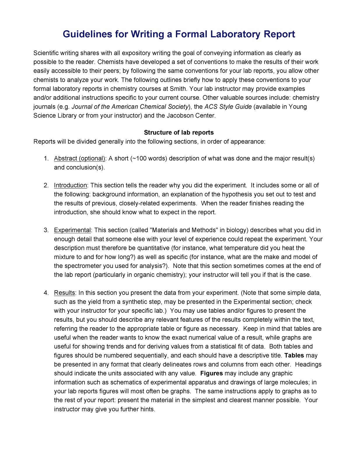 Lab Report Guidelines Lab Guidelines For Writing A Formal