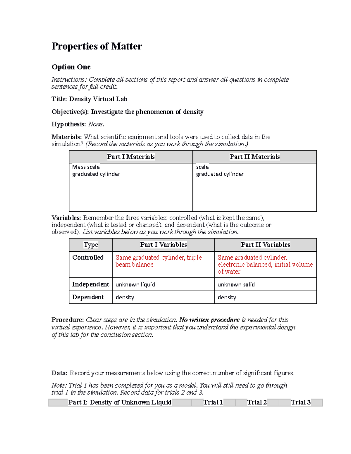 Properties matter option one report Period 1 Properties of Matter