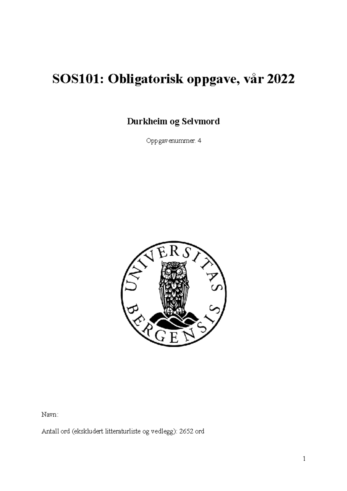 SOS101 - Durkheim og selvmordstypene - SOS101: Obligatorisk oppgave ...