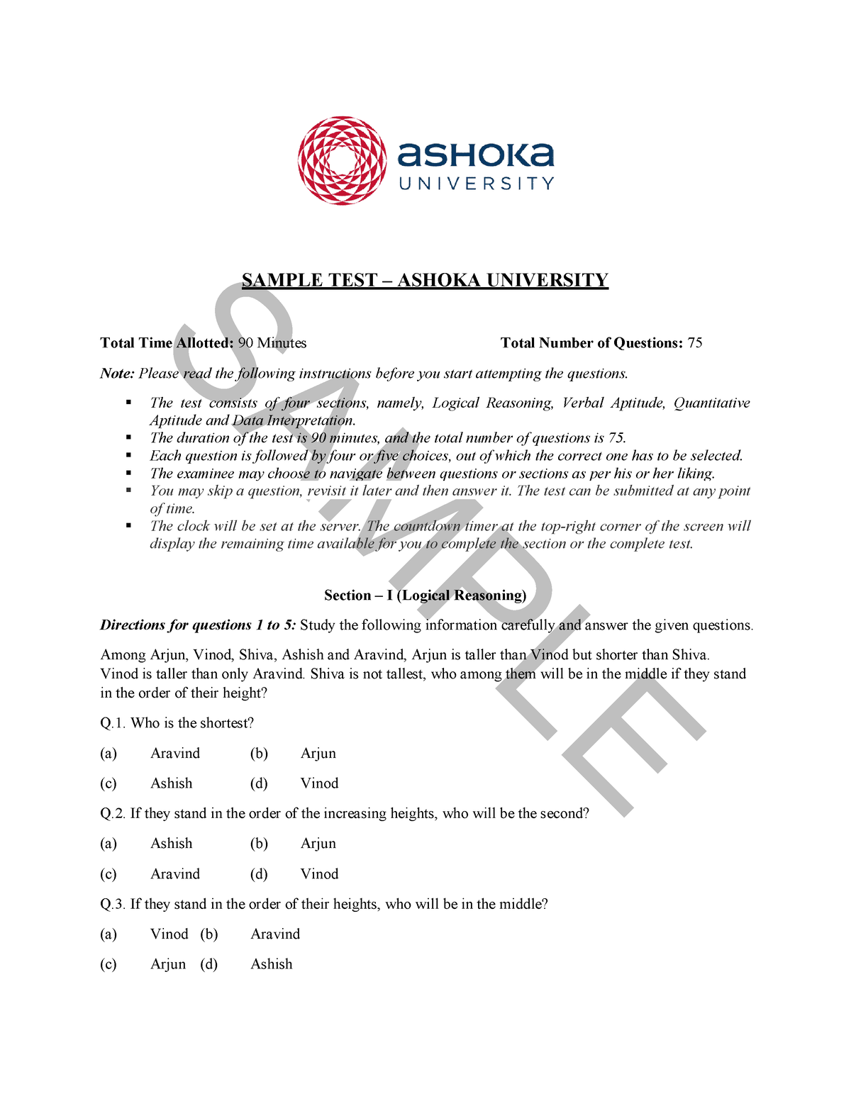 Ashoka Aptitude Test Sample Question Paper SAMPLE SAMPLE TEST ASHOKA UNIVERSITY Total Time