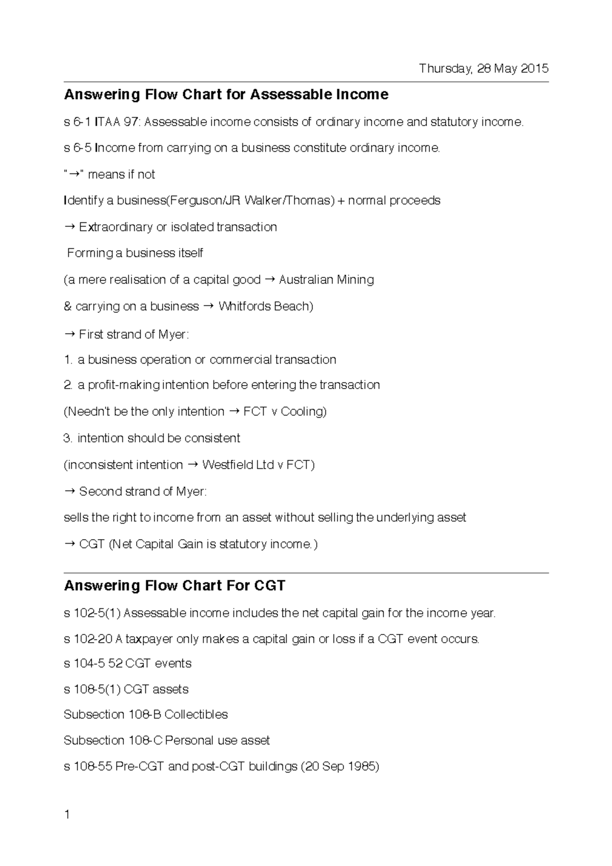 Taxation Law BTF5965 Notes for taxation final - Answering Flow Chart ...