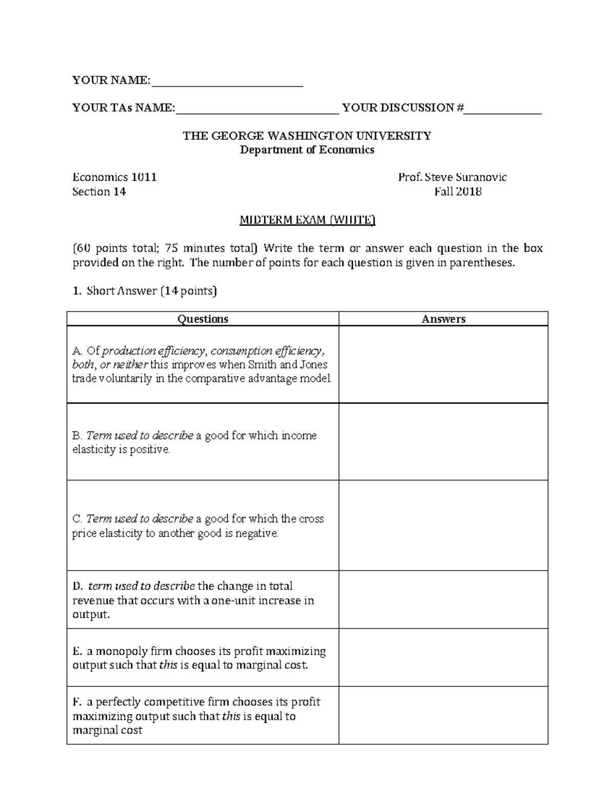 Midterm Practice Test 1 Your Name Your Tas