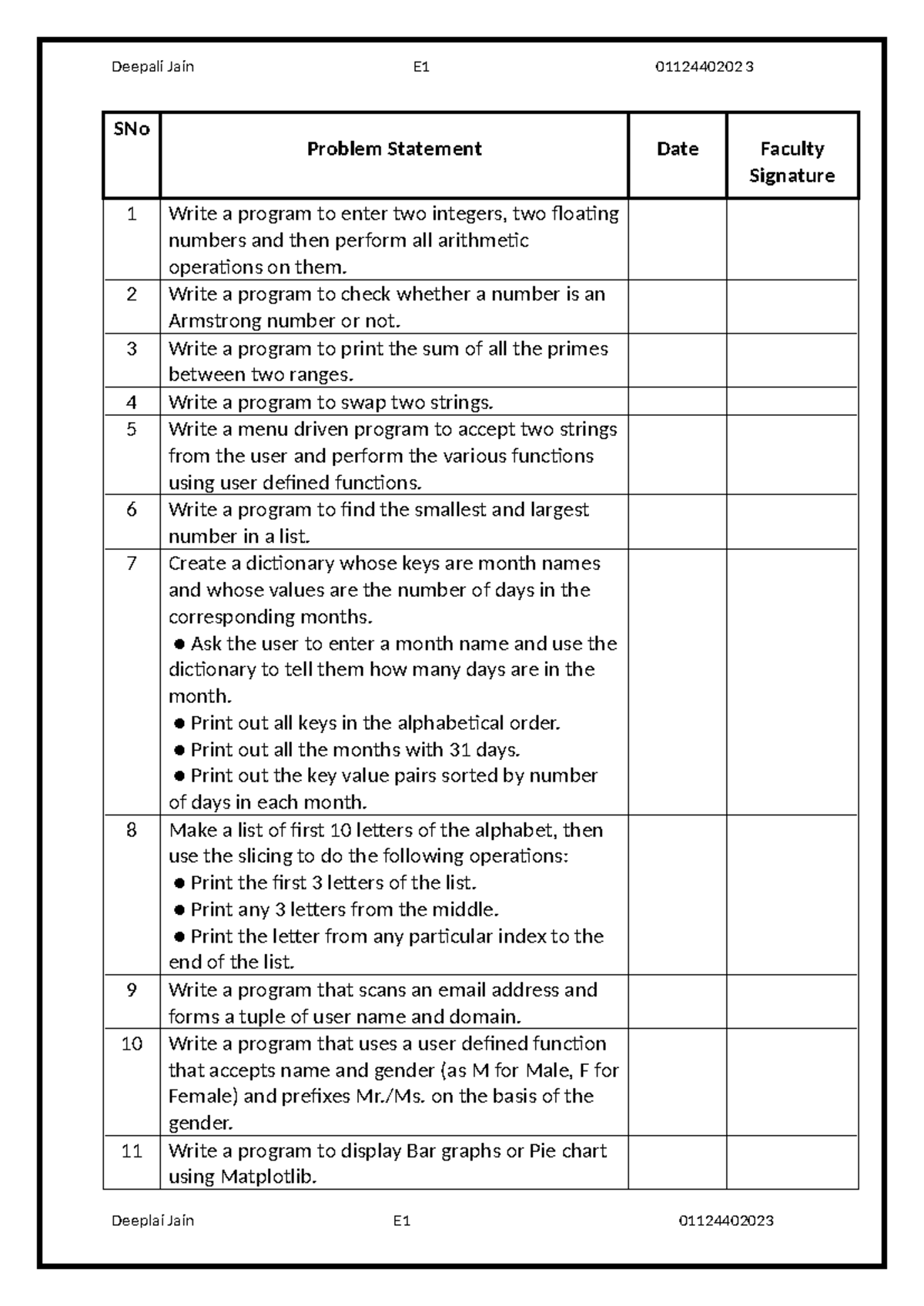 Pyhton practical file (1) (4) - SNo Problem Statement Date Faculty ...