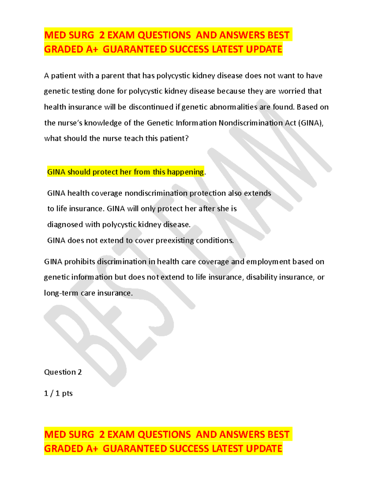 MED SURG 2 TEST 1nursing exam questions and answers best exam graded A+ ...