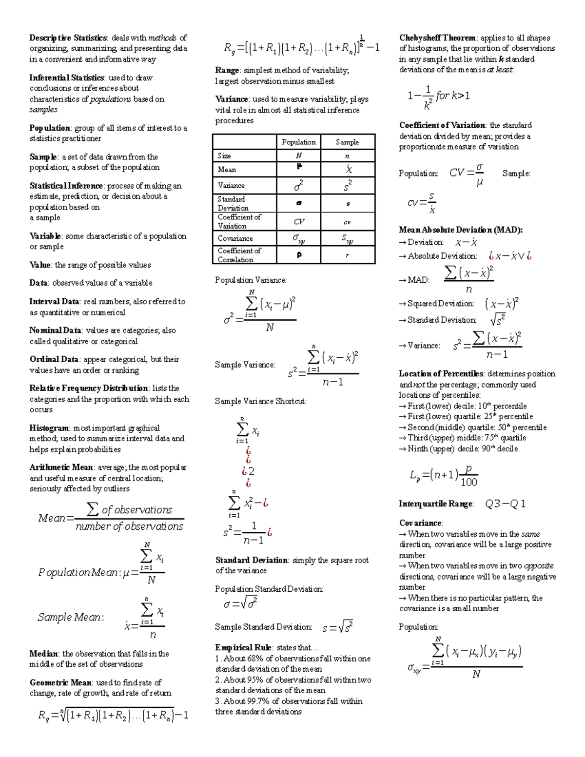 ADMS 2320 Test 1 Cheat Sheet - Descriptive Statistics: deals with ...