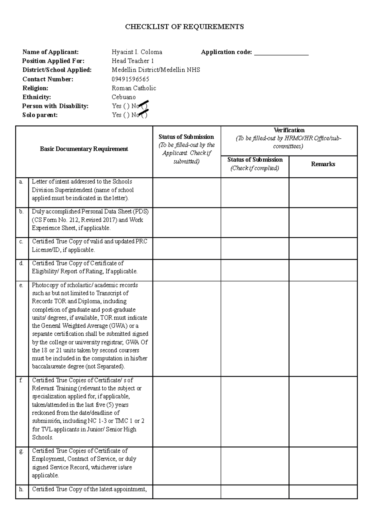 Checklist OF Requirements - CHECKLIST OF REQUIREMENTS Name of Applicant ...