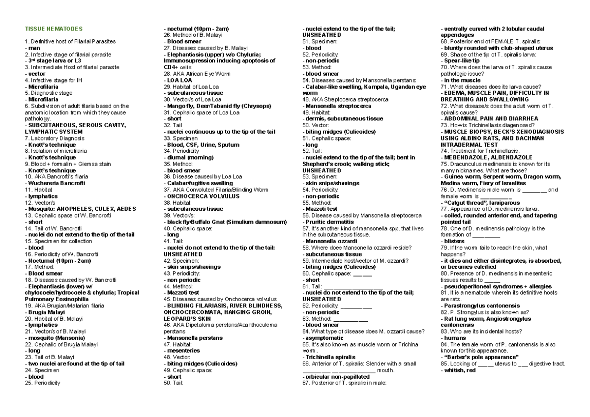 Tissue Nematodes Quizlet - TISSUE NEMATODES Definitive host of Filarial ...