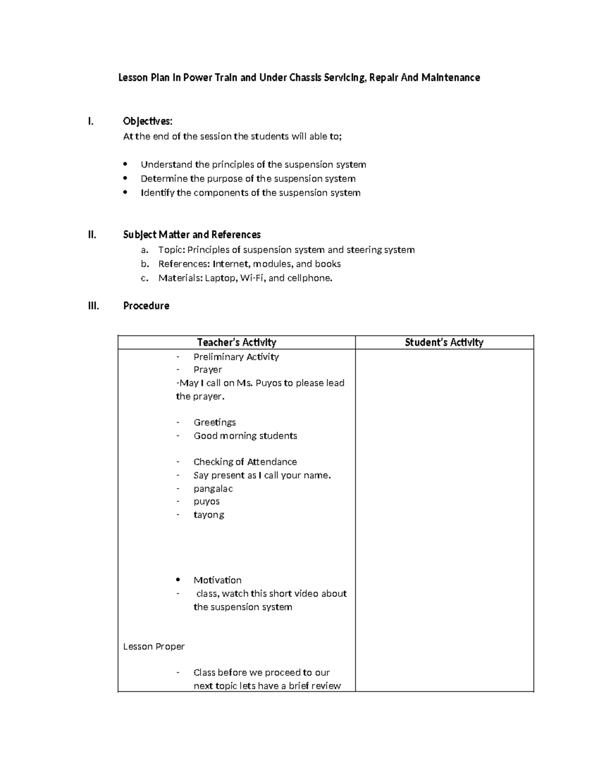 Lesson-plan-4 - Lesson plan Guide - Lesson Plan in Power Train and ...