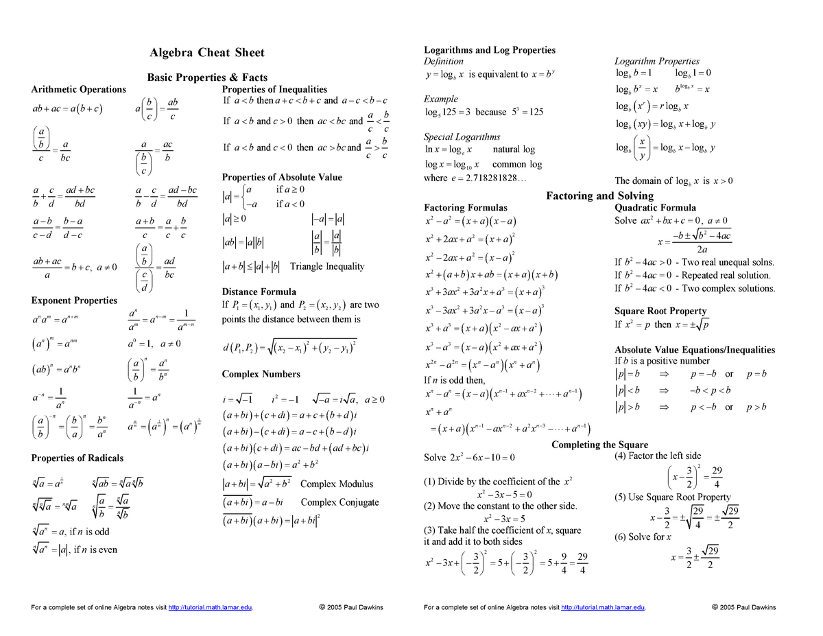 college algebra reference sheet
